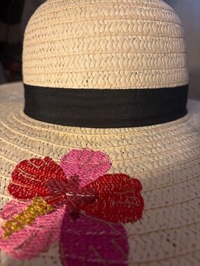 Straw Sun Hat with Black Band and Pink-Red Floral Embroidery
